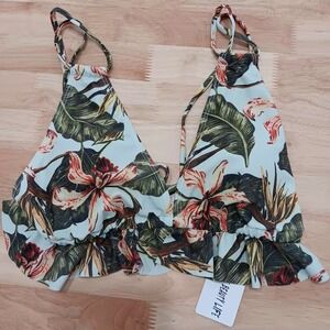 Sporlike Floral Halter‎ Bikini Top Large L Tropical Print Ruffle Swimwear New